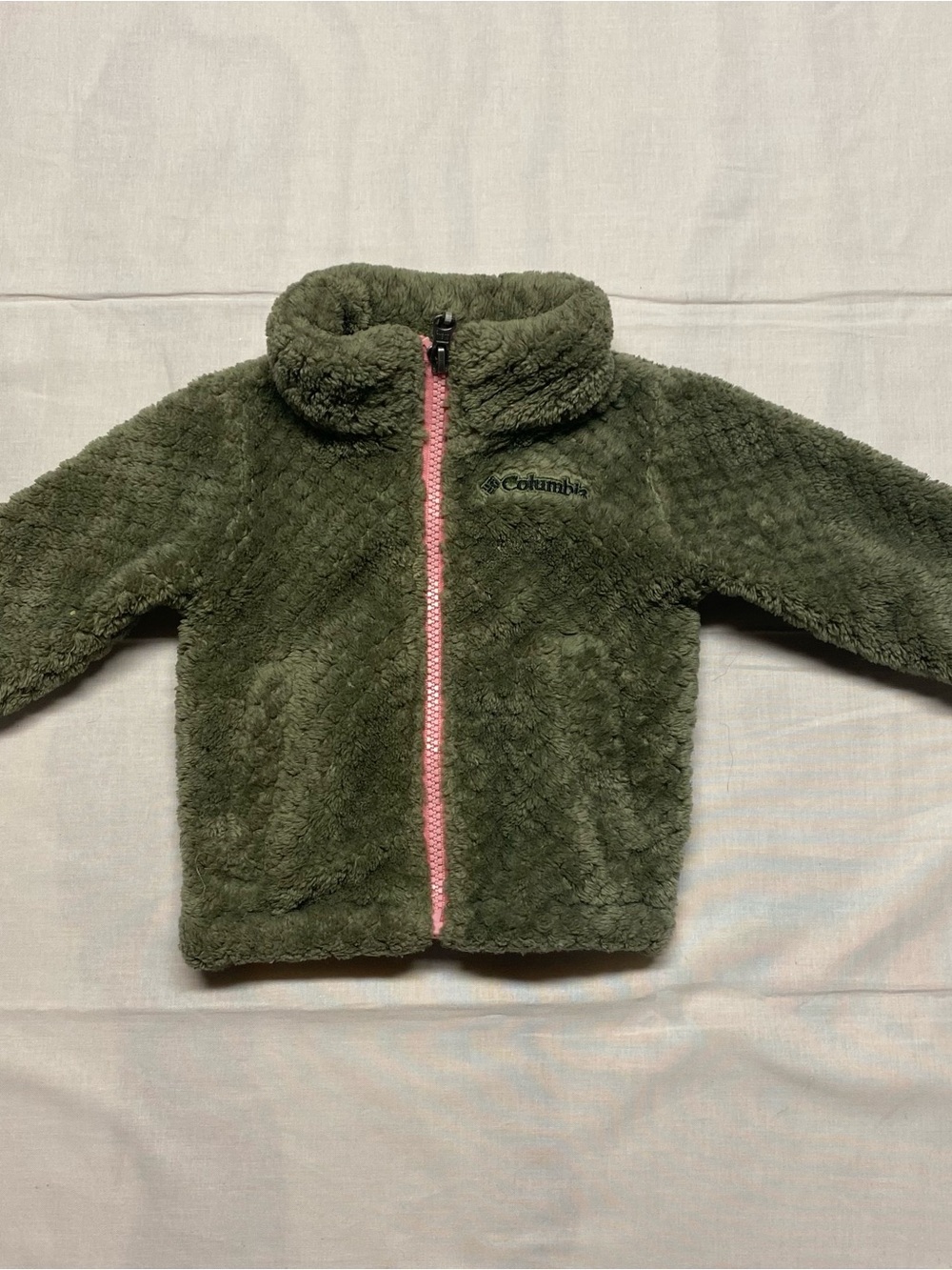 Columbia Kids Olive Green Fuzzy Puffer Jacket with Pink Zipper